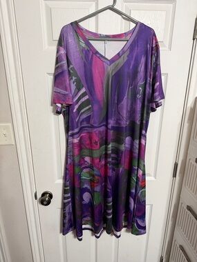 Source Unknown Purple Multicolor V-Neck Swing Dress